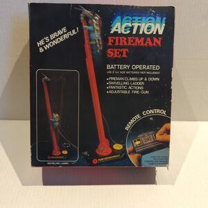 Vintage Action Fireman Set Battery Operated Remote Control Toy Climbs Ladder